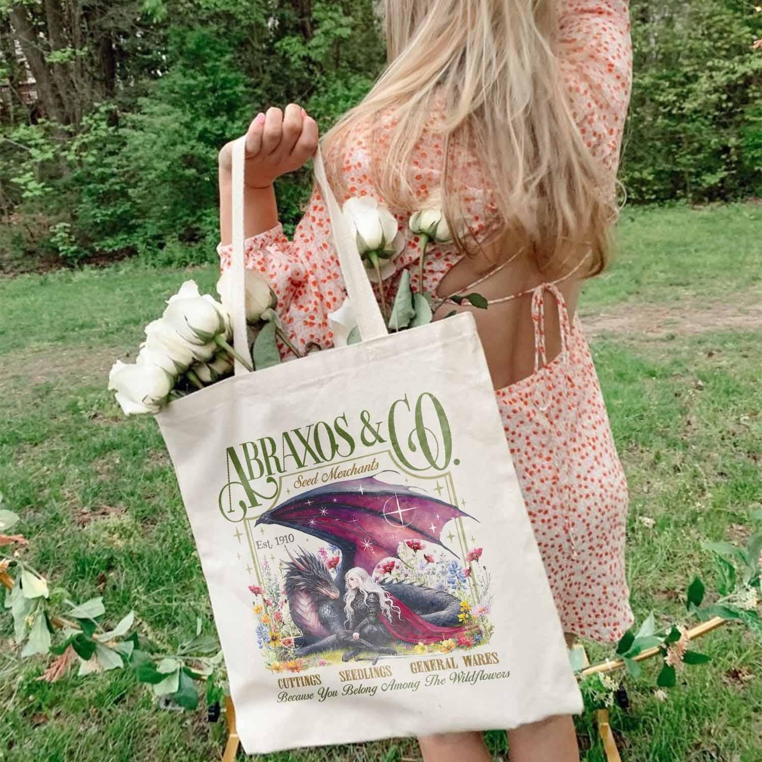 Abraxos Flower Tote Bag, Fantasy Dragon Bookish Tote Bag, Boho Wildflowers Cottagecore Tote Bag, Fantasy Book Lover Tote Bag, Book Gift TBVLR24