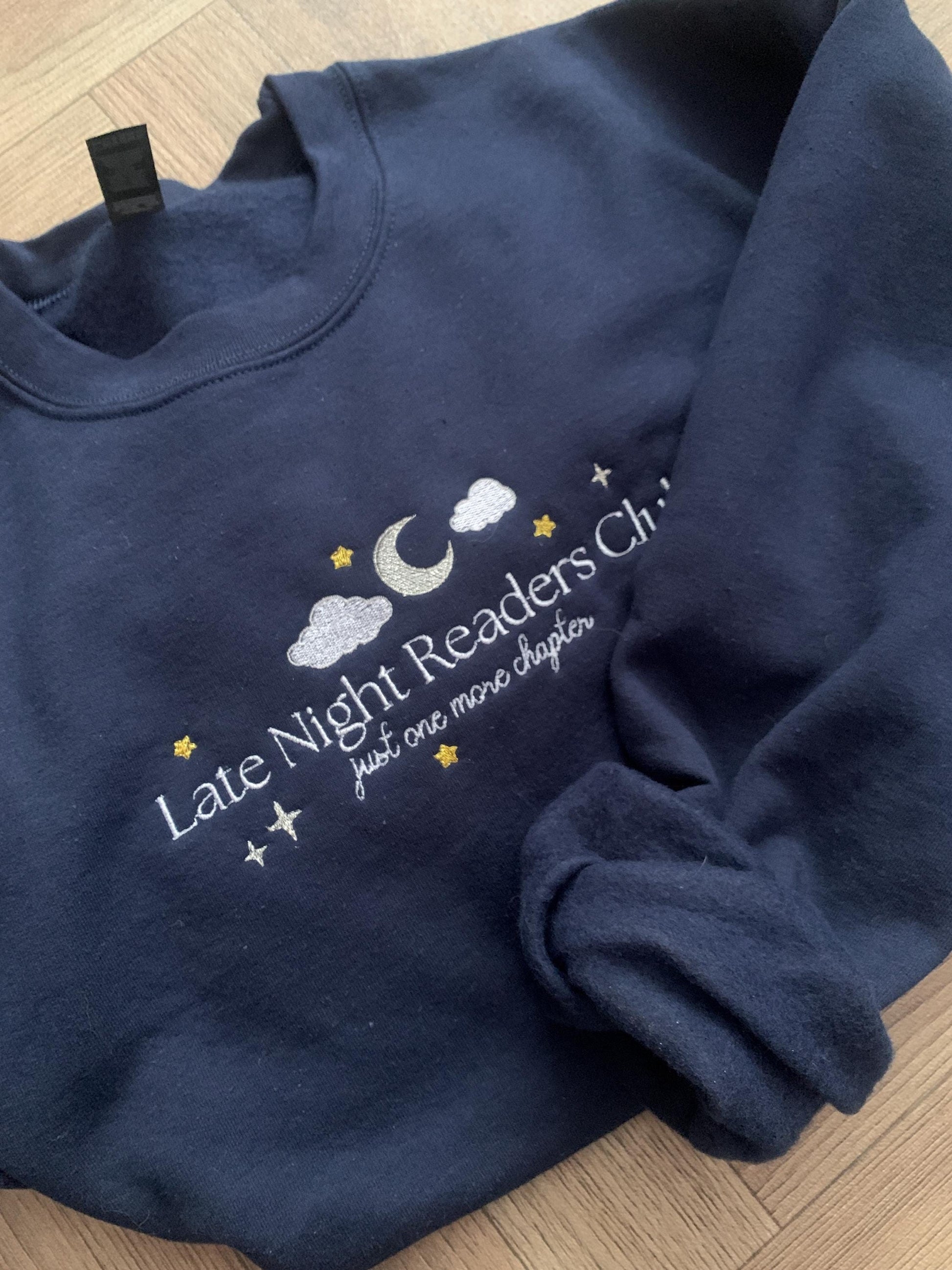 Embroidered Navy Crewneck Sweatshirt, Late Night Readers Club, Book Club Sweater, Gift For Her, Book Lover Gift, Custom Sweater for Readers