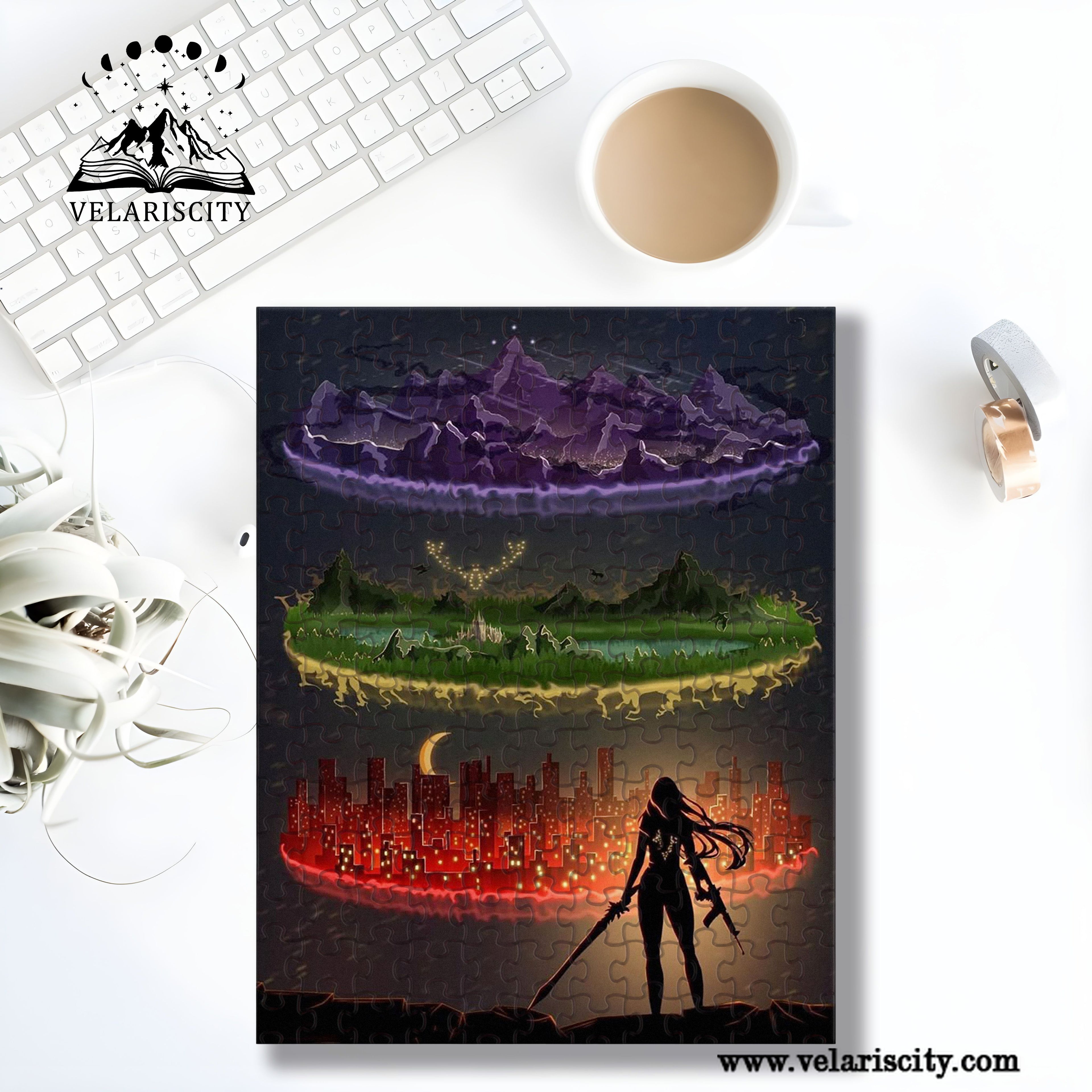 Sarah J Maas Puzzle Worlds Crossover, ACOTAR Velaris, Throne of Glass Terrasen & Crescent City Lunathion, Fantasy Jigsaw PVLR26