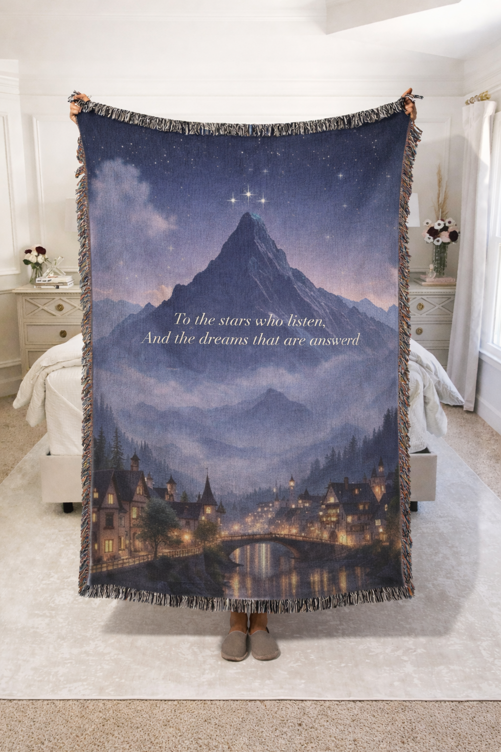 To the Stars Who Listen Woven Blanket, ACOTAR Inspired Quote Throw, Velaris Fantasy Home Decor, Gift for Readers BKVLR25