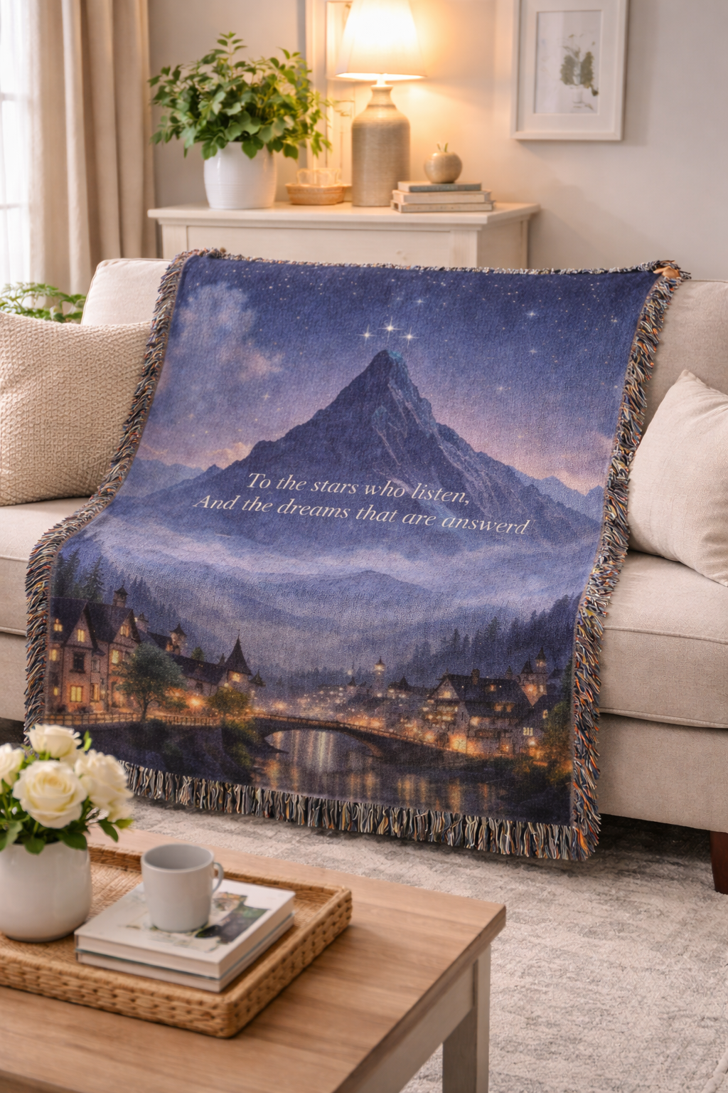 To the Stars Who Listen Woven Blanket, ACOTAR Inspired Quote Throw, Velaris Fantasy Home Decor, Gift for Readers BKVLR25