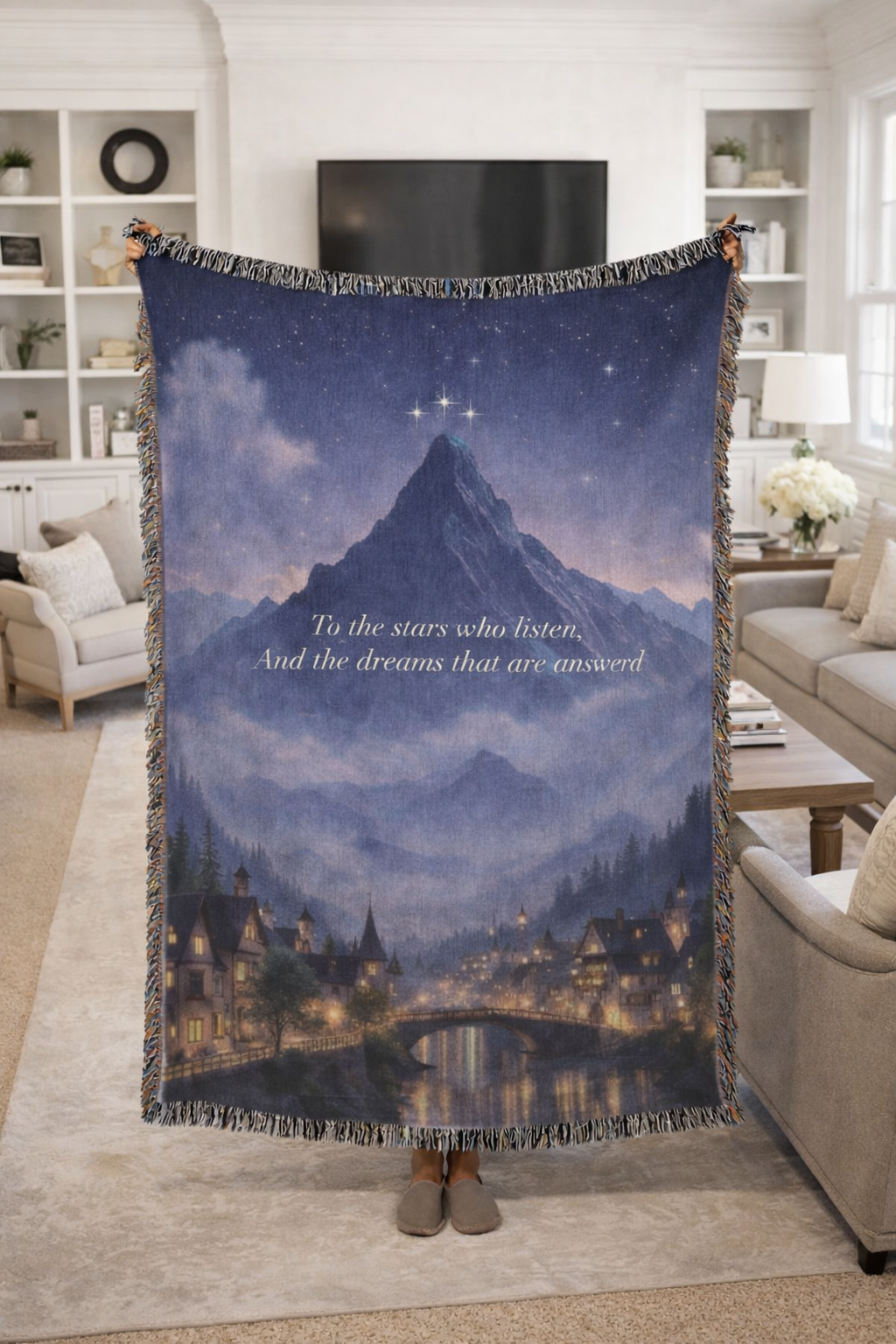 To the Stars Who Listen Woven Blanket, ACOTAR Inspired Quote Throw, Velaris Fantasy Home Decor, Gift for Readers BKVLR25