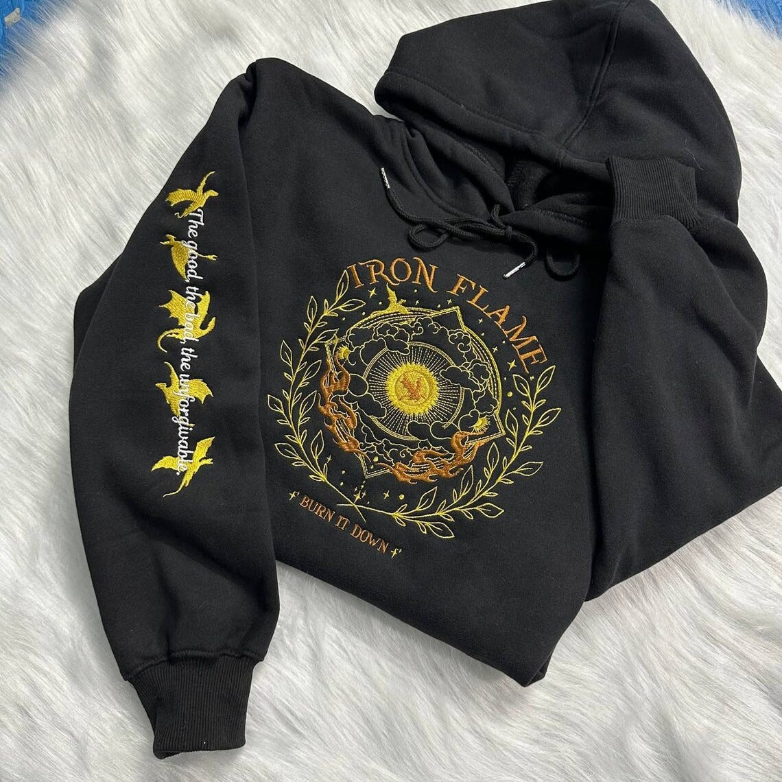 Embroidered Iron Flame Sweatshirt, the Empyrean sweatshirt, Dragon Sweatshirt. VEMB26