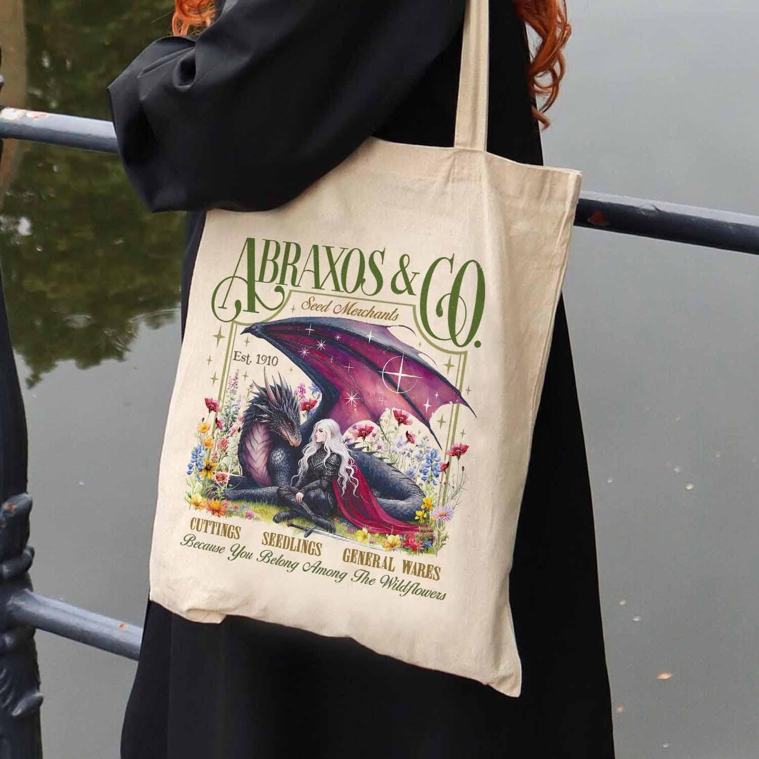 Abraxos Flower Tote Bag, Fantasy Dragon Bookish Tote Bag, Boho Wildflowers Cottagecore Tote Bag, Fantasy Book Lover Tote Bag, Book Gift TBVLR24