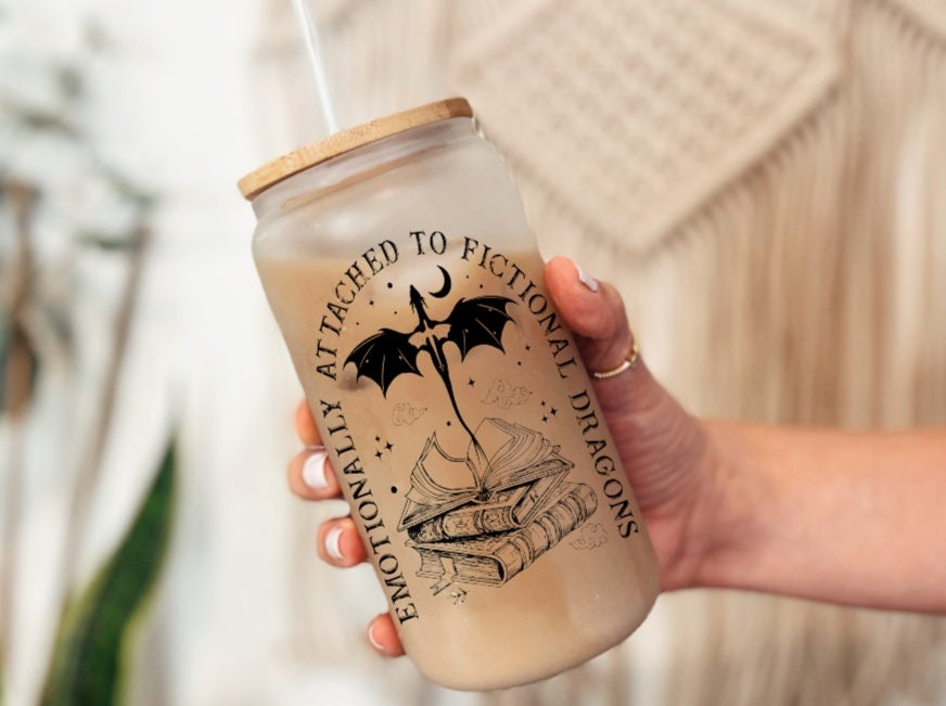 Fourth Wing ACOTAR Glass Can – Emotionally Attached to Fictional Dragons Frosted Tumbler, Bookish Cup with Bamboo Lid for Fantasy Romance Readers GLVLR24