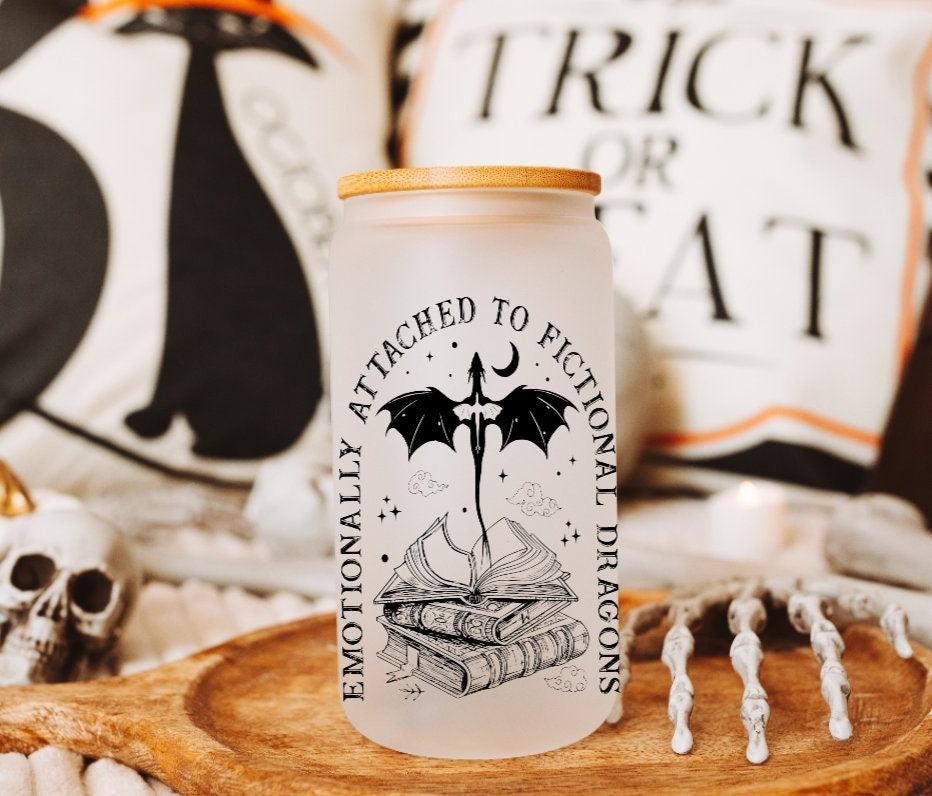 Fourth Wing ACOTAR Glass Can – Emotionally Attached to Fictional Dragons Frosted Tumbler, Bookish Cup with Bamboo Lid for Fantasy Romance Readers GLVLR24