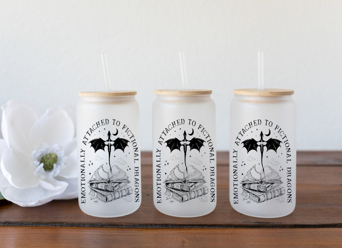 Fourth Wing ACOTAR Glass Can – Emotionally Attached to Fictional Dragons Frosted Tumbler, Bookish Cup with Bamboo Lid for Fantasy Romance Readers GLVLR24