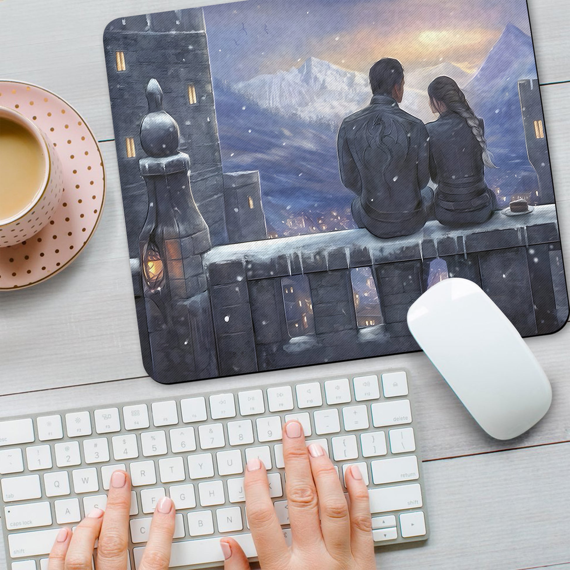 Fourth Wing Desk Mat, Violet and Xaden Romantic Castle Scene, Empyrean Series Rebecca Yarros Inspired Mouse Pad DMVLR28