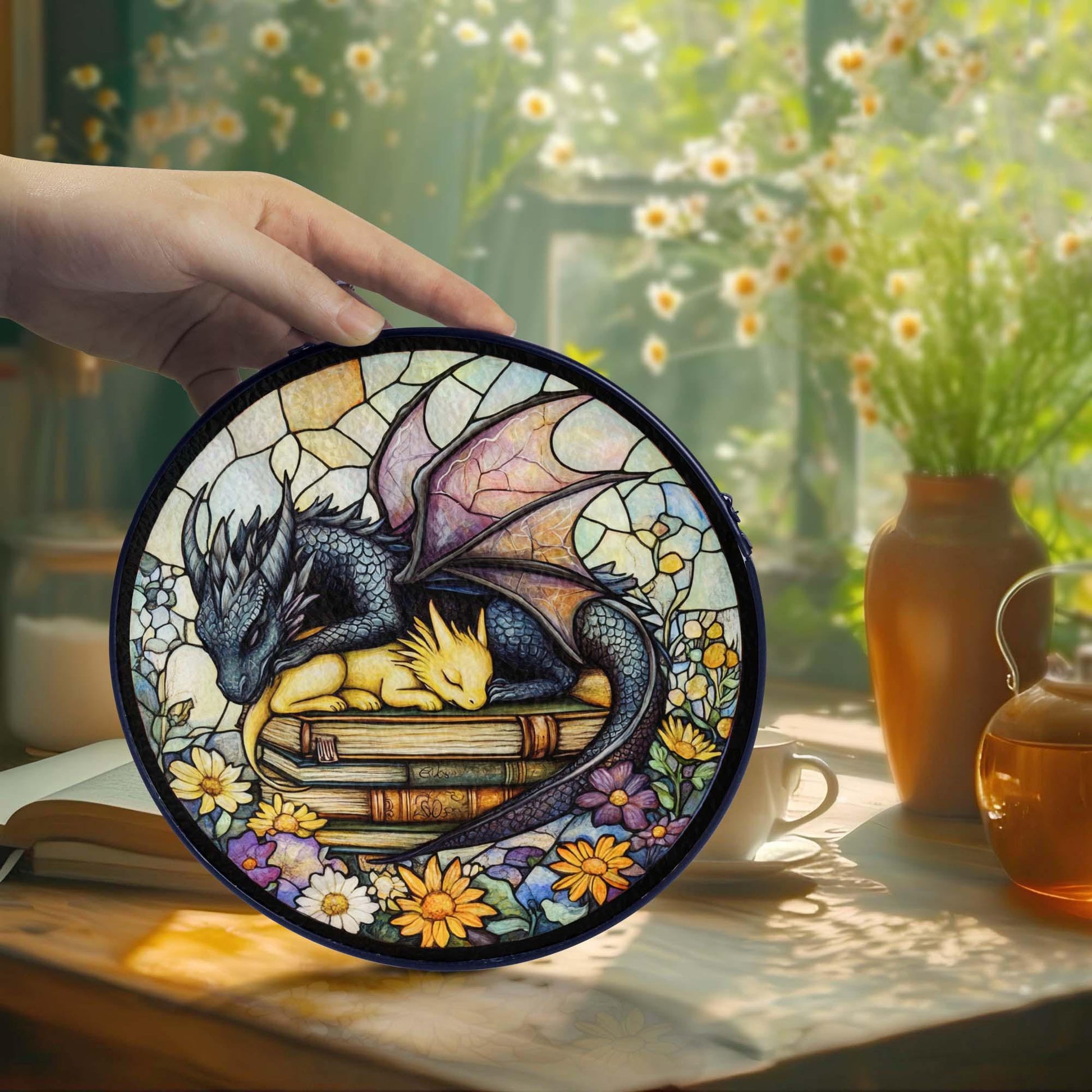 Fourth Wing Book Dragon Suncatcher – Cute Sleeping Dragon Glass Art with Floral and Book Design SGVLR27