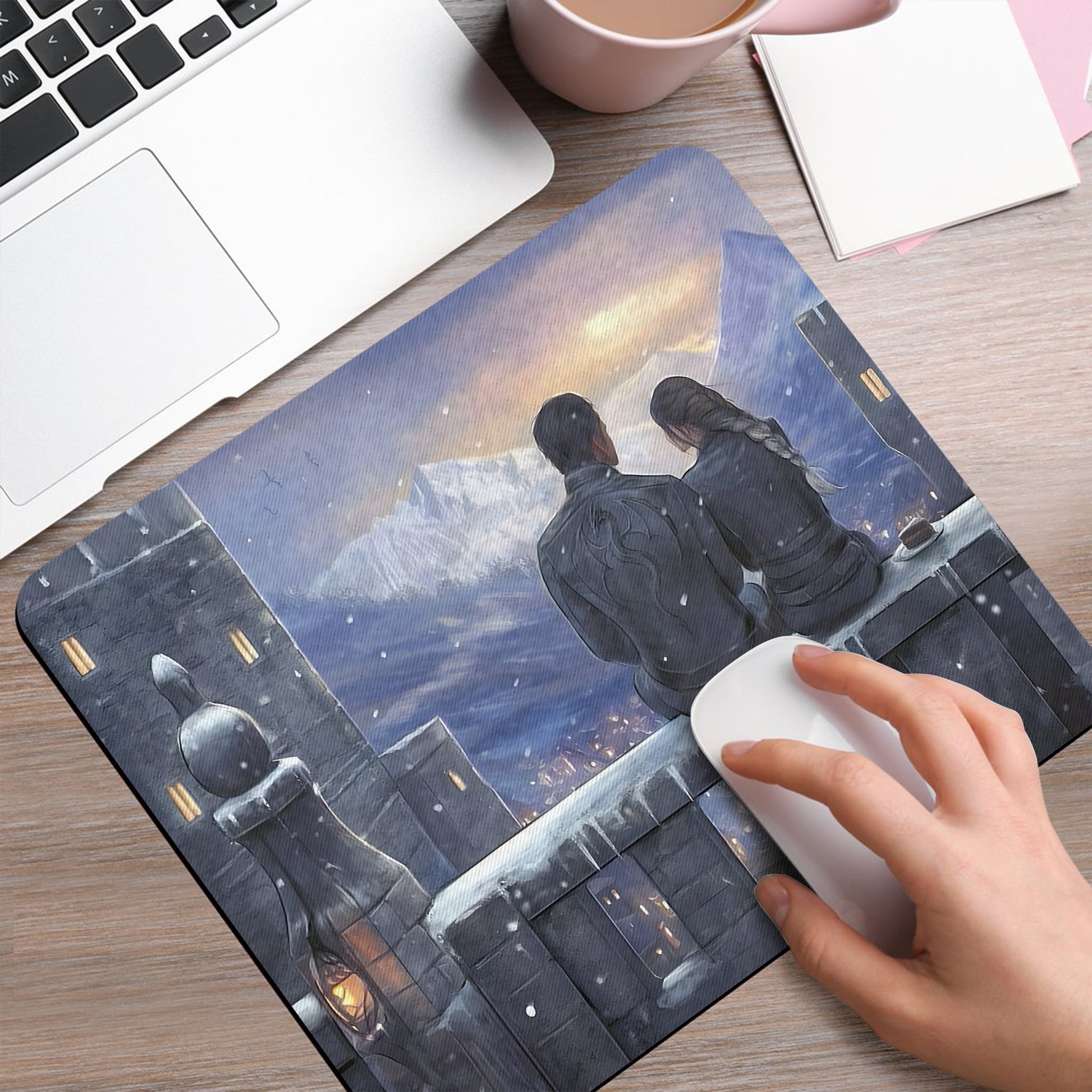 Fourth Wing Desk Mat, Violet and Xaden Romantic Castle Scene, Empyrean Series Rebecca Yarros Inspired Mouse Pad DMVLR28