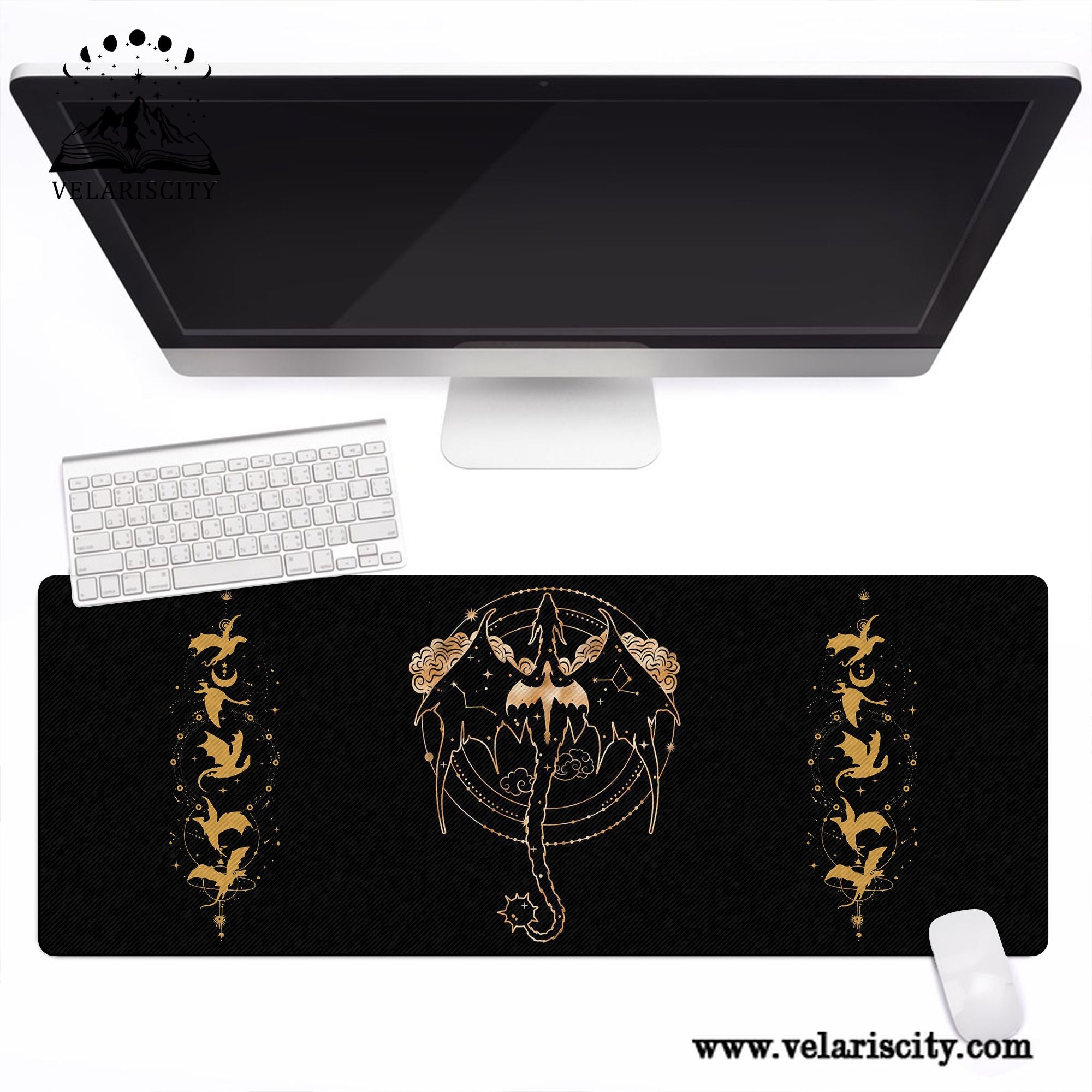 Fourth Wing Dragon Desk Mat, Gold Dragon Mouse Pad, Empyrean Series Desk Pad for Readers & Gamers DMVLR09
