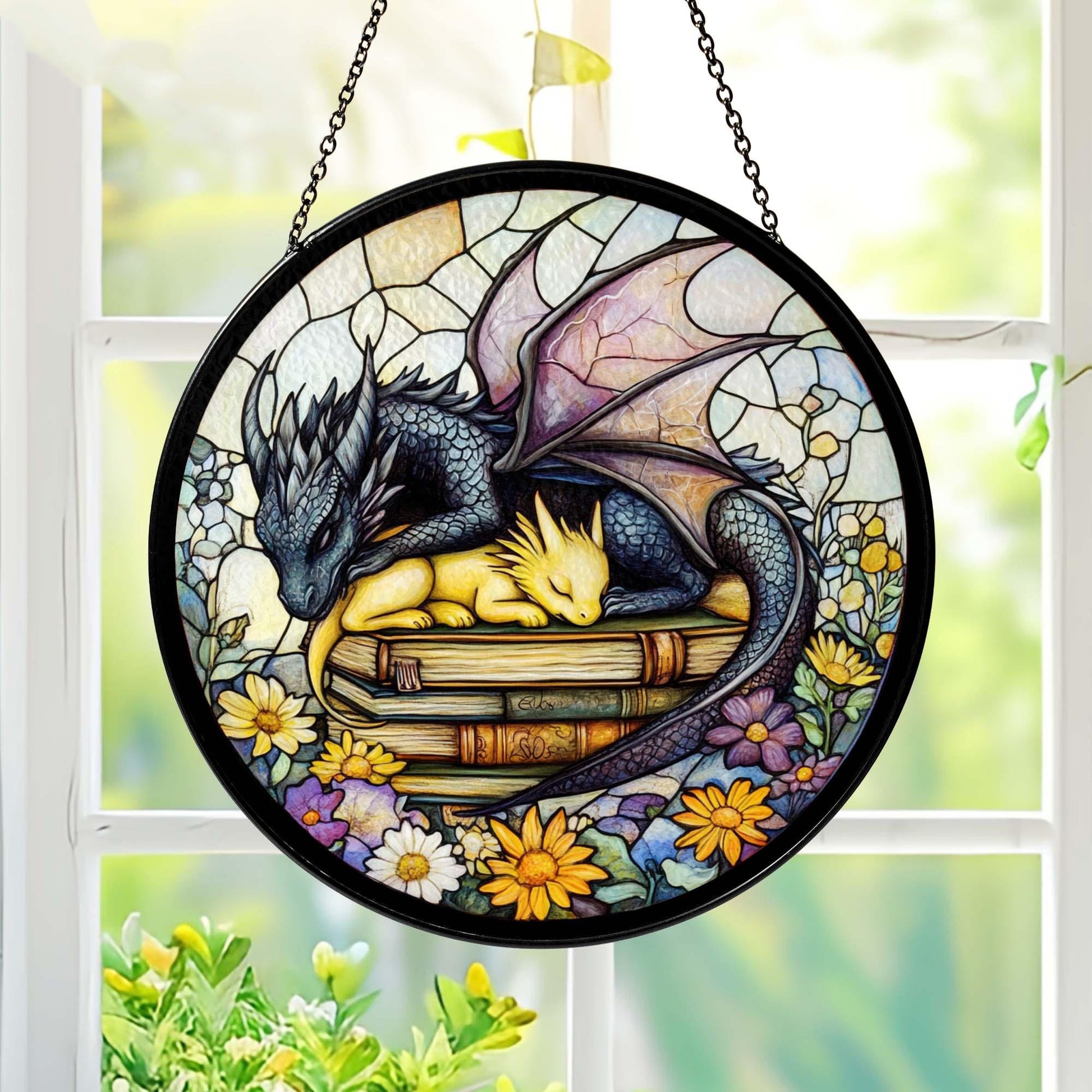 Fourth Wing Book Dragon Suncatcher – Cute Sleeping Dragon Glass Art with Floral and Book Design SGVLR27