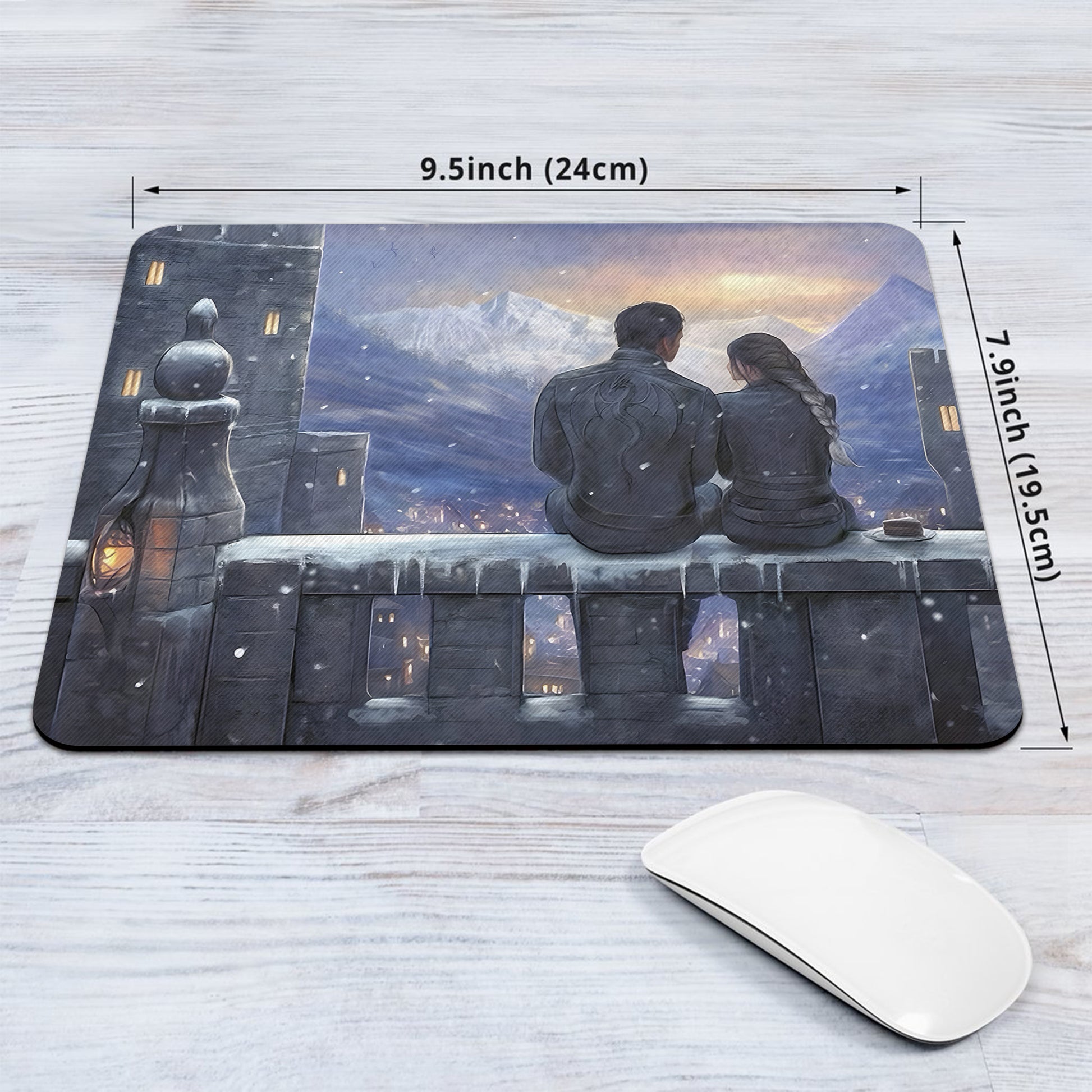 Fourth Wing Desk Mat, Violet and Xaden Romantic Castle Scene, Empyrean Series Rebecca Yarros Inspired Mouse Pad DMVLR28