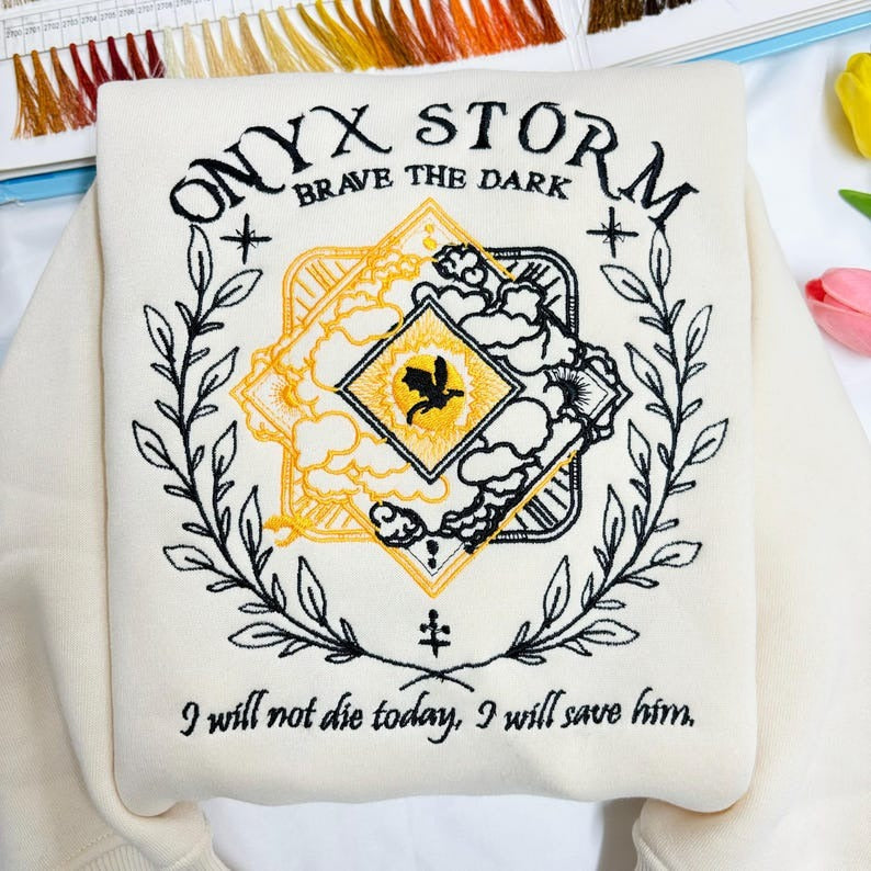 Embroidered Onyx Storm Sweatshirt, Brave The Dark sweatshirt, Dragon Sweatshirt. VEMB23