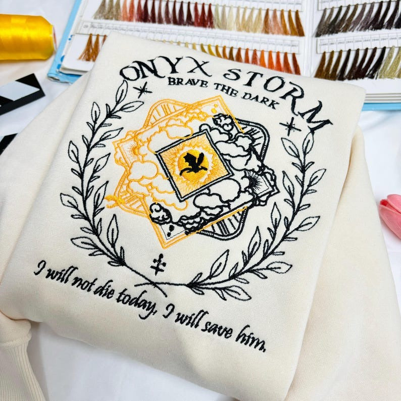 Embroidered Onyx Storm Sweatshirt, Brave The Dark sweatshirt, Dragon Sweatshirt. VEMB23