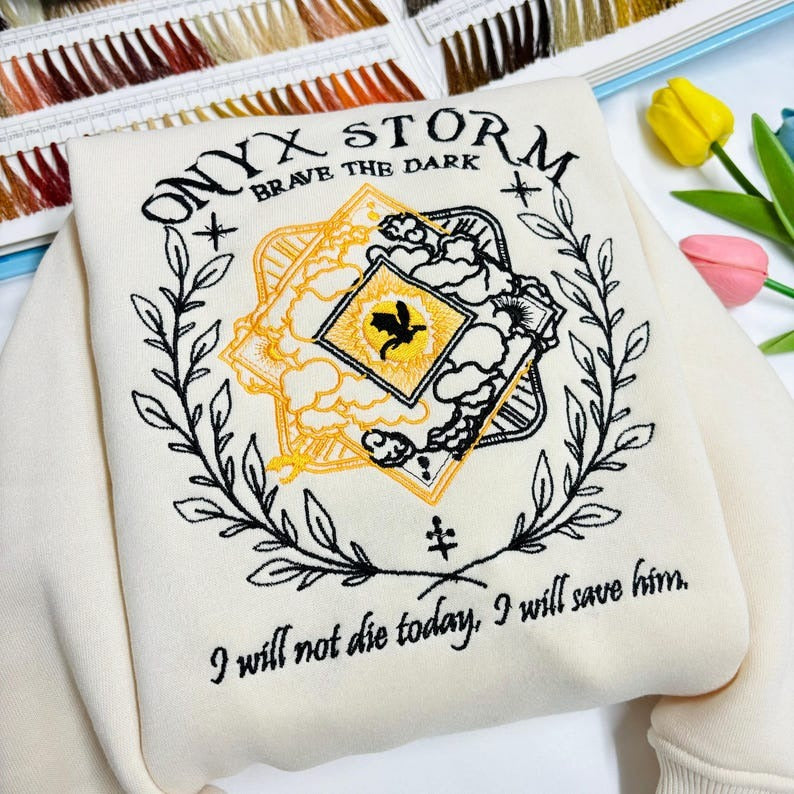 Embroidered Onyx Storm Sweatshirt, Brave The Dark sweatshirt, Dragon Sweatshirt. VEMB23