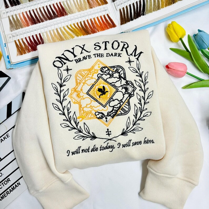 Embroidered Onyx Storm Sweatshirt, Brave The Dark sweatshirt, Dragon Sweatshirt. VEMB23