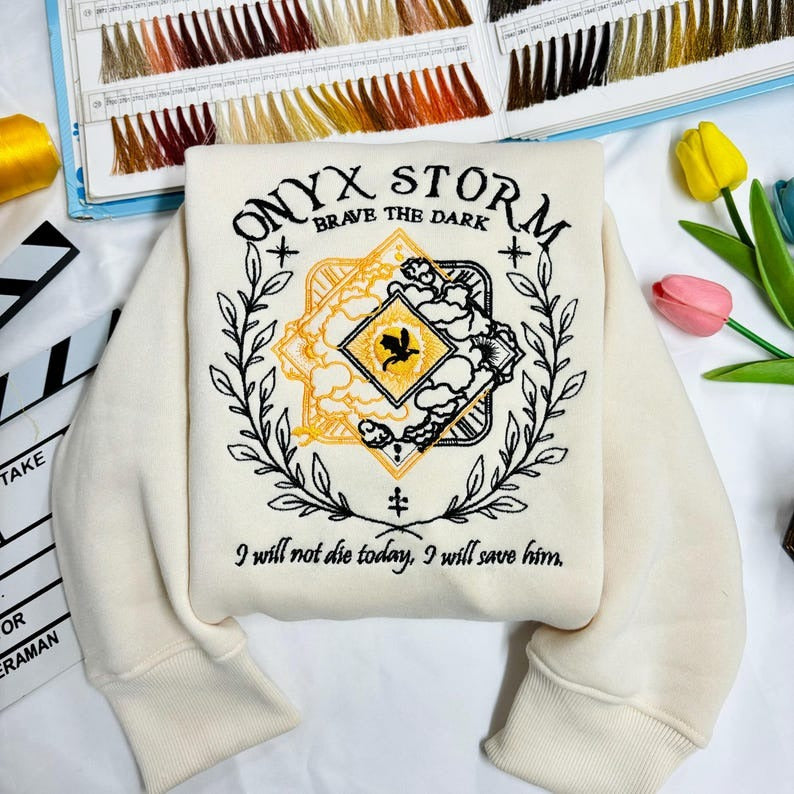 Embroidered Onyx Storm Sweatshirt, Brave The Dark sweatshirt, Dragon Sweatshirt. VEMB23