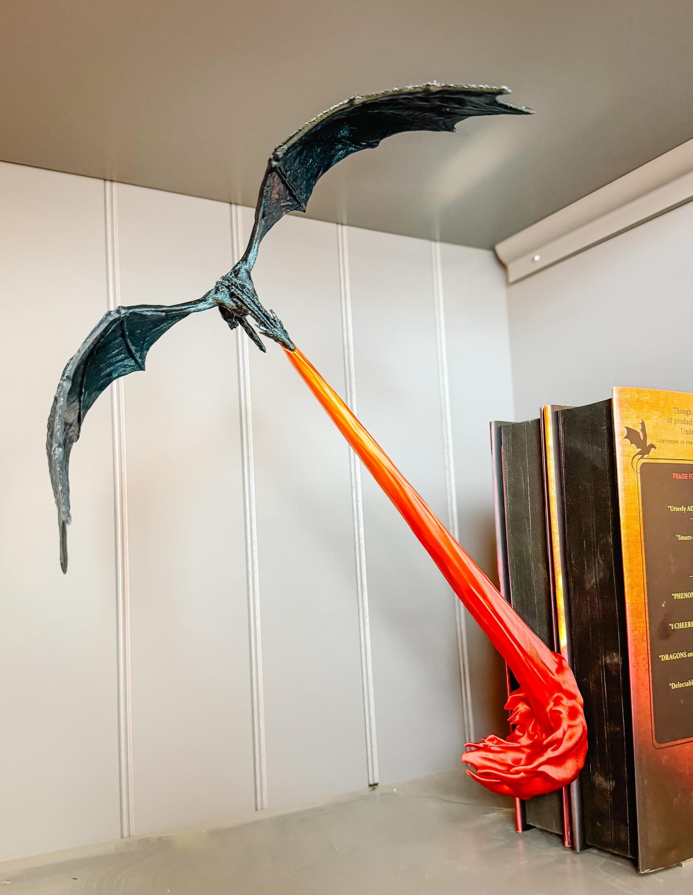 Fly-By Fire Breathing Dragon Bookshelf Decor, Fantasy Display for Dragon Lovers, Dragon Book Shelf Decor, Book Dragon, Summer