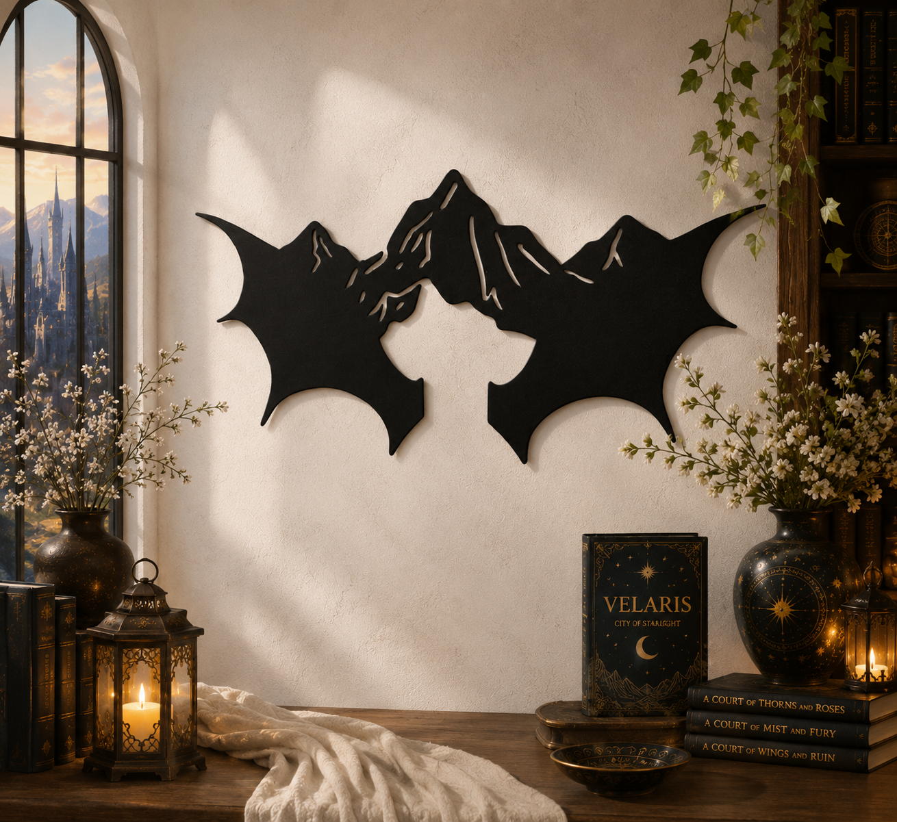 Velaris Bat Mountain Metal Wall Art, Night Court Mountain Silhouette Decor, City of Starlight Fantasy Bookish Wall Decor, ACOTAR Inspired Metal Sign, MWAVLR05
