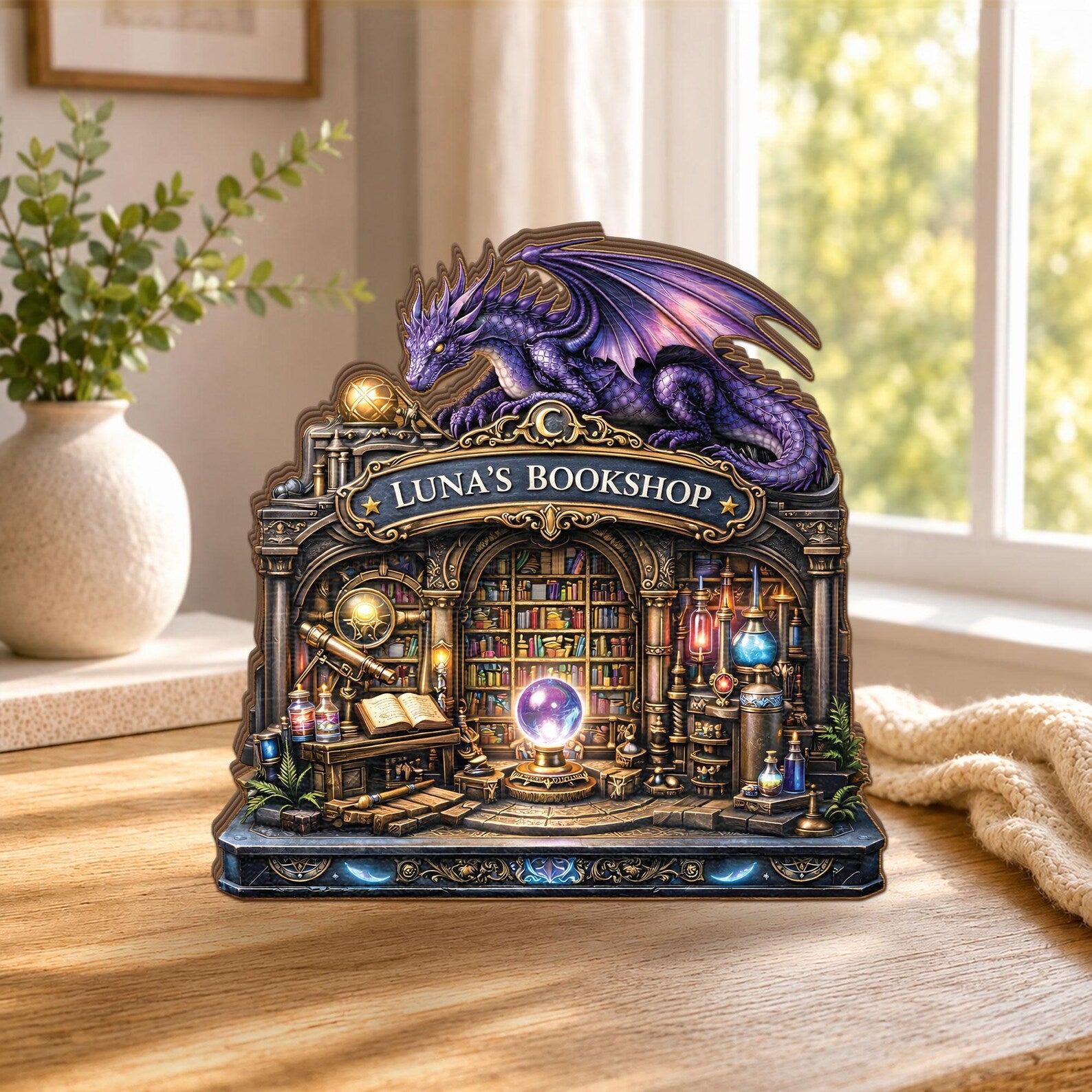 Personalized Dragon Bookshop Wooden Block, Custom Fantasy Library Shelf Decor, Dragon Book Lover Gifts, Magical Reading Nook Library Plaque – WBVLR12