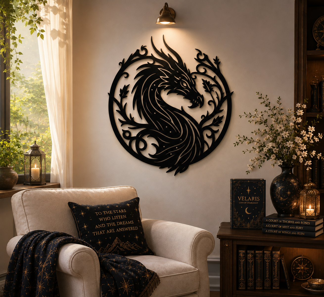 Velaris Dragon Metal Wall Art, Night Court Dragon Wall Decor, City of Starlight Fantasy Bookish Decor, ACOTAR Inspired Dragon Metal Sign, MWAVLR04