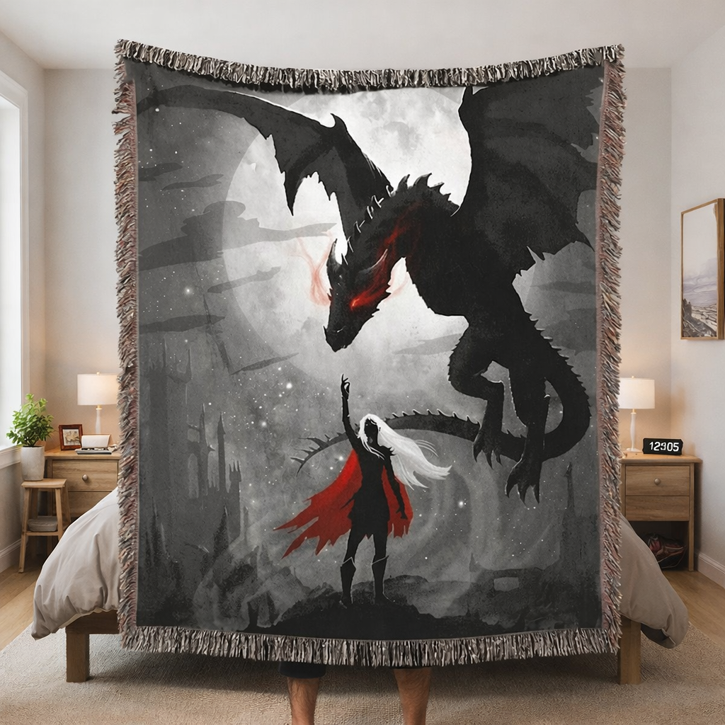 Throne of Glass Inspired Woven Blanket, Dragon Fantasy Throw Blanket, Aelin Inspired Tapestry, Bookish Gift for Fantasy Readers, Gothic Deco BKVLR03