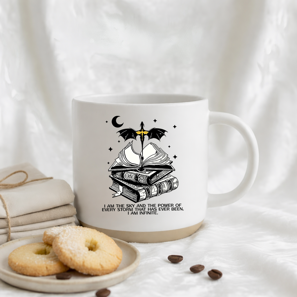 I Am Infinite Dragon Book Mug, Fourth Wing Inspired Fantasy Quote Ceramic Coffee Cup, Gift for Book Lovers, Dark Cozy Aesthetic PMVLR14