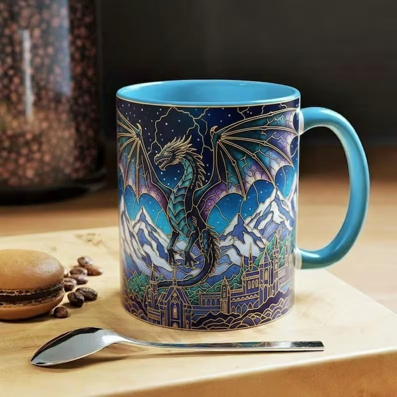 Basgiath War College Fantasy Coffee Mug, Fourth Wing Dragon Stained Glass Style Mug, Dragon Rider Bookish Art Cup, Fantasy Tea Mug