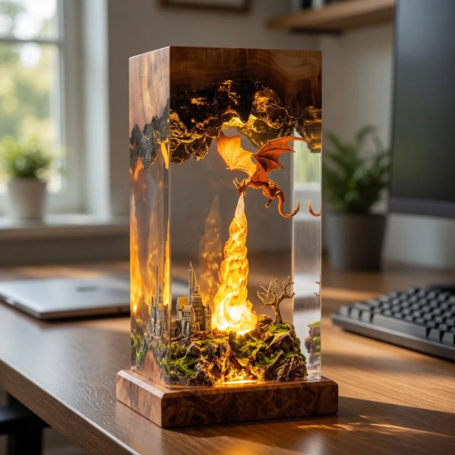 Dragon Resin Lamp, Fantasy Dragon Night Light, Handmade Epoxy Resin Art, Fire Dragon Desk Lamp, Castle Diorama LED Decor Gift, Gift for Dad. ERNLVLA05