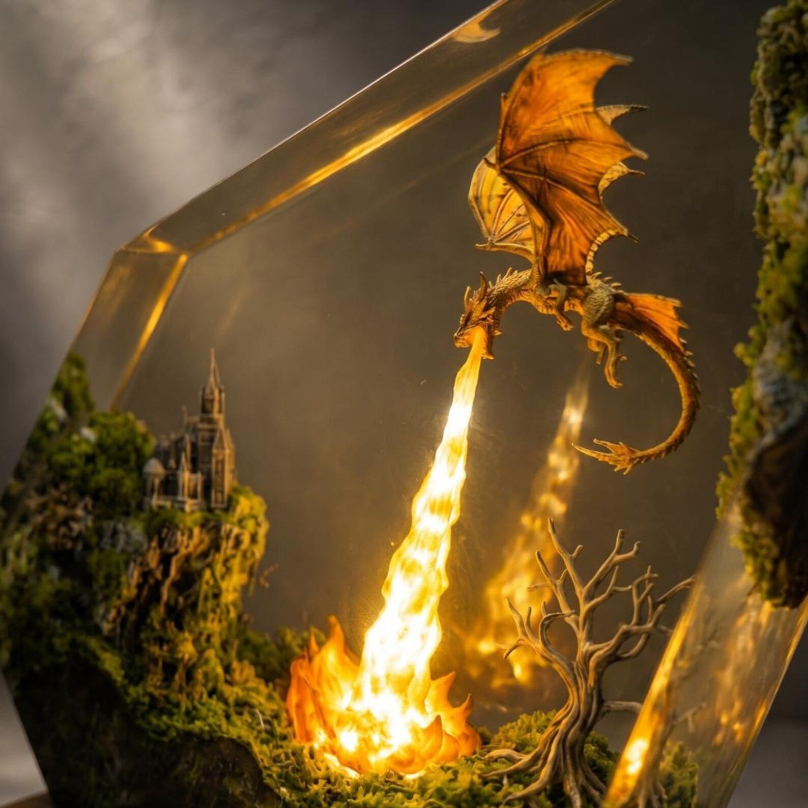 Fire Breathing Dragon Lamp, Resin Castle Diorama, Moss Epoxy Night Light, Gift for Dad, Gaming Desk Setup, Handmade Dragon Statue. ERNLVLA11