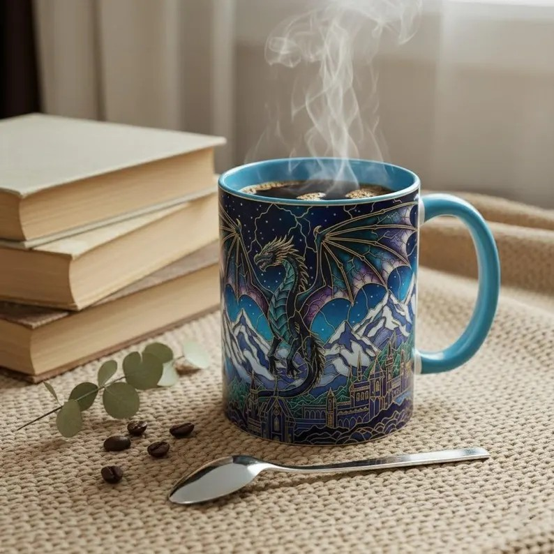 Basgiath War College Fantasy Coffee Mug, Fourth Wing Dragon Stained Glass Style Mug, Dragon Rider Bookish Art Cup, Fantasy Tea Mug