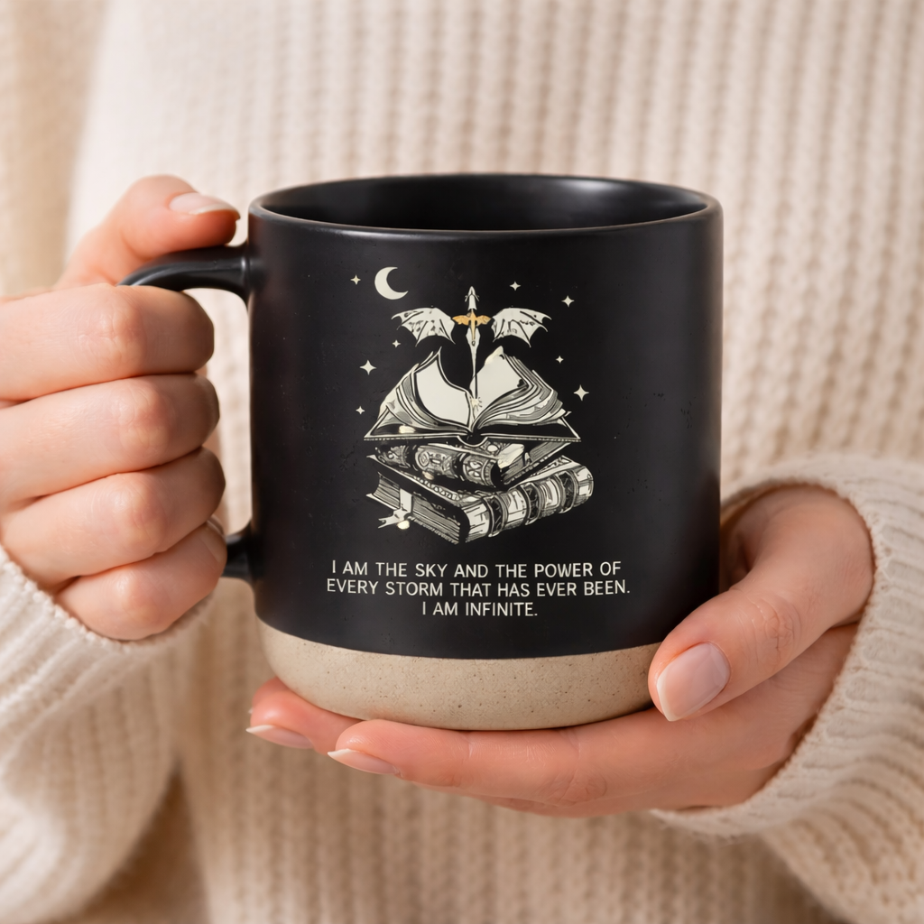 I Am Infinite Dragon Book Mug, Fourth Wing Inspired Fantasy Quote Ceramic Coffee Cup, Gift for Book Lovers, Dark Cozy Aesthetic PMVLR14