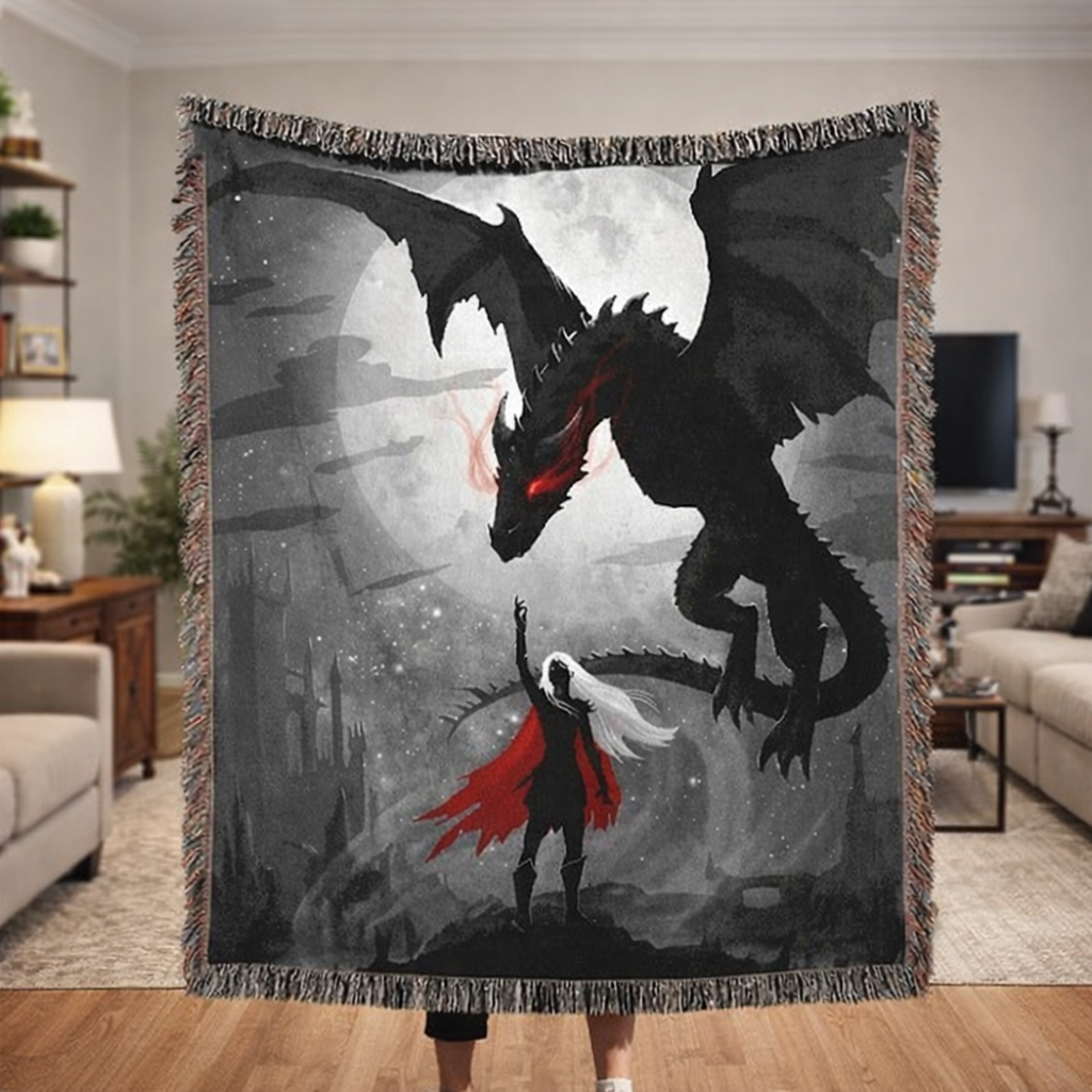 Throne of Glass Inspired Woven Blanket, Dragon Fantasy Throw Blanket, Aelin Inspired Tapestry, Bookish Gift for Fantasy Readers, Gothic Deco BKVLR03
