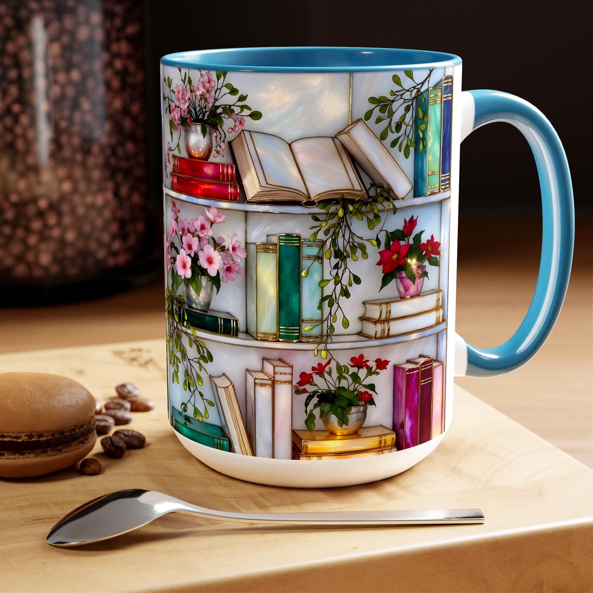 Stained Glass Style Bookshelf Mug, Colorful Floral Book Mug, Book Lover Gift. Elegant Reading Mug MFVLR02