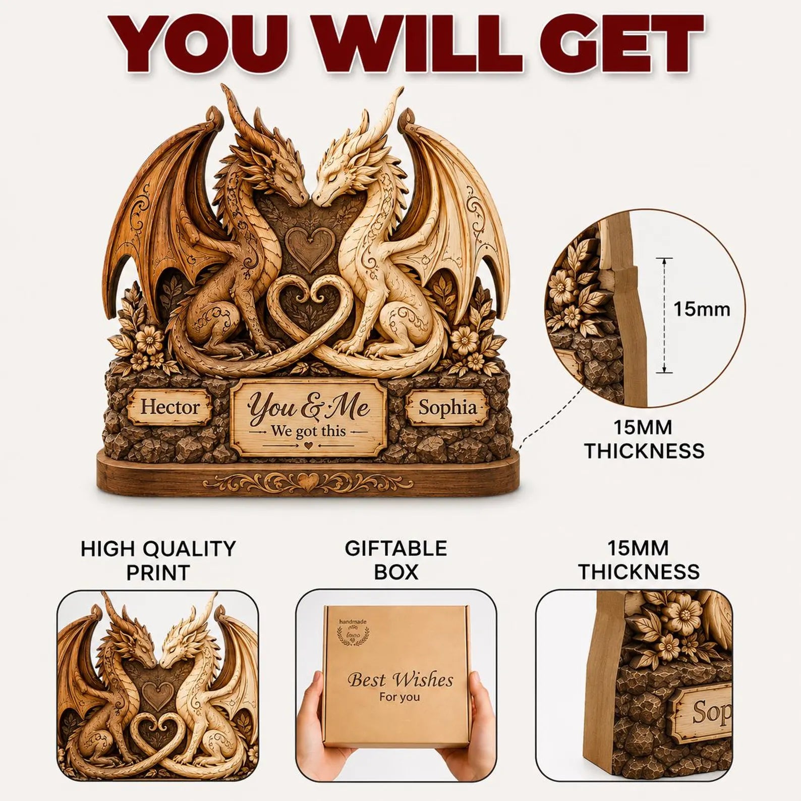 Custom Dragon Couple 2D Wooden Block,Fantasy Dragon Lover Gift,Anniversary Couple Gift,Romantic Dragon Decor,Gift For Her Him,Couple Gift – WBVLR10