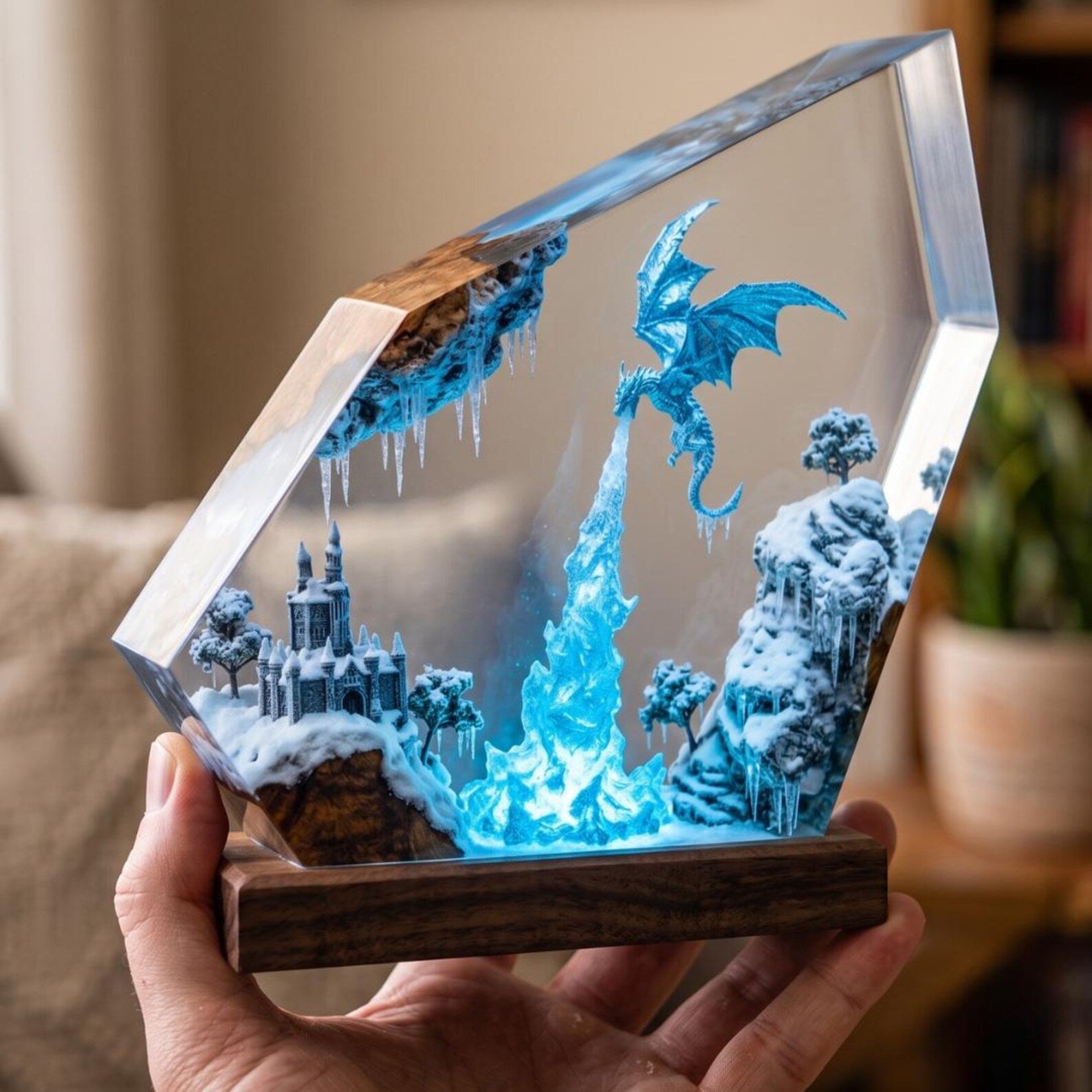 Ice Dragon Resin Lamp, Winter Castle Glacier Diorama, Frost Dragon Night Light, RGB Gamer Desk Setup Decor, Unique Fantasy Gift for Him. ERNLVLA14