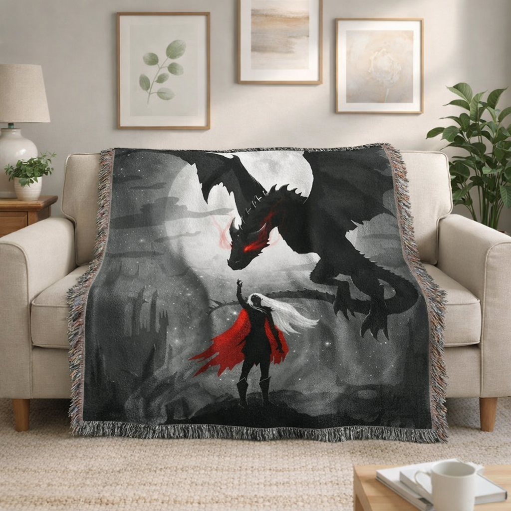 Throne of Glass Inspired Woven Blanket, Dragon Fantasy Throw Blanket, Aelin Inspired Tapestry, Bookish Gift for Fantasy Readers, Gothic Deco BKVLR03