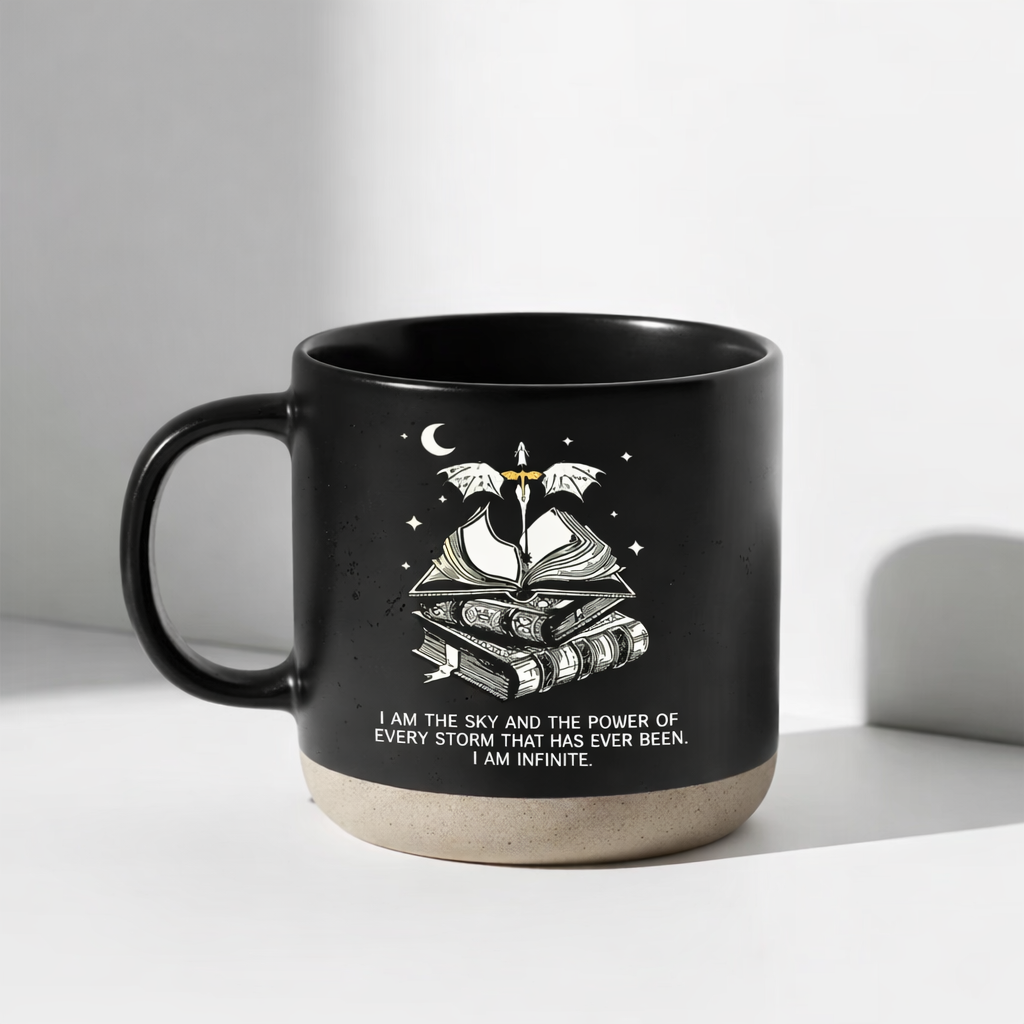 I Am Infinite Dragon Book Mug, Fourth Wing Inspired Fantasy Quote Ceramic Coffee Cup, Gift for Book Lovers, Dark Cozy Aesthetic