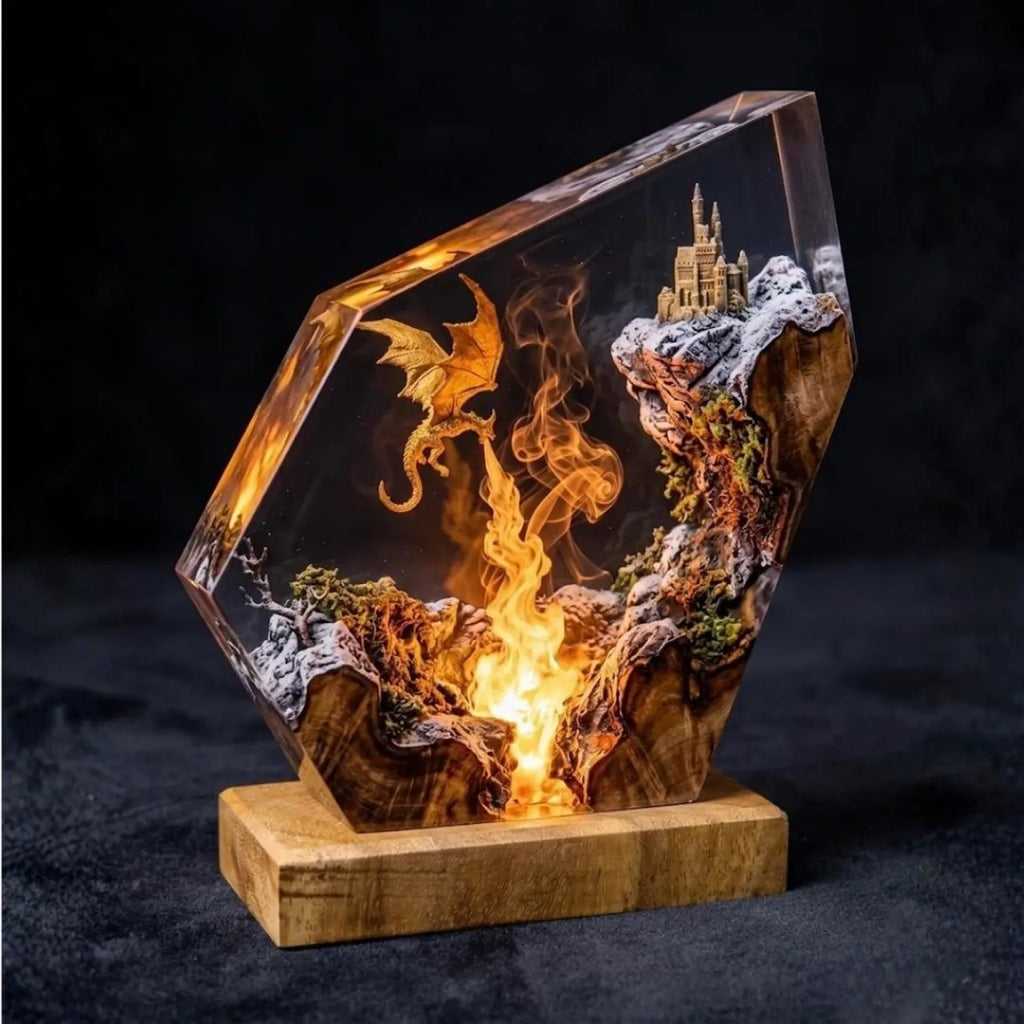 Handmade Dragon Resin Lamp, Fantasy Castle Diorama Night Light, LED Wood Base, Fire Dragon Resin Lamp, Handmade Fantasy Epoxy Night Light. ERNLVLA04
