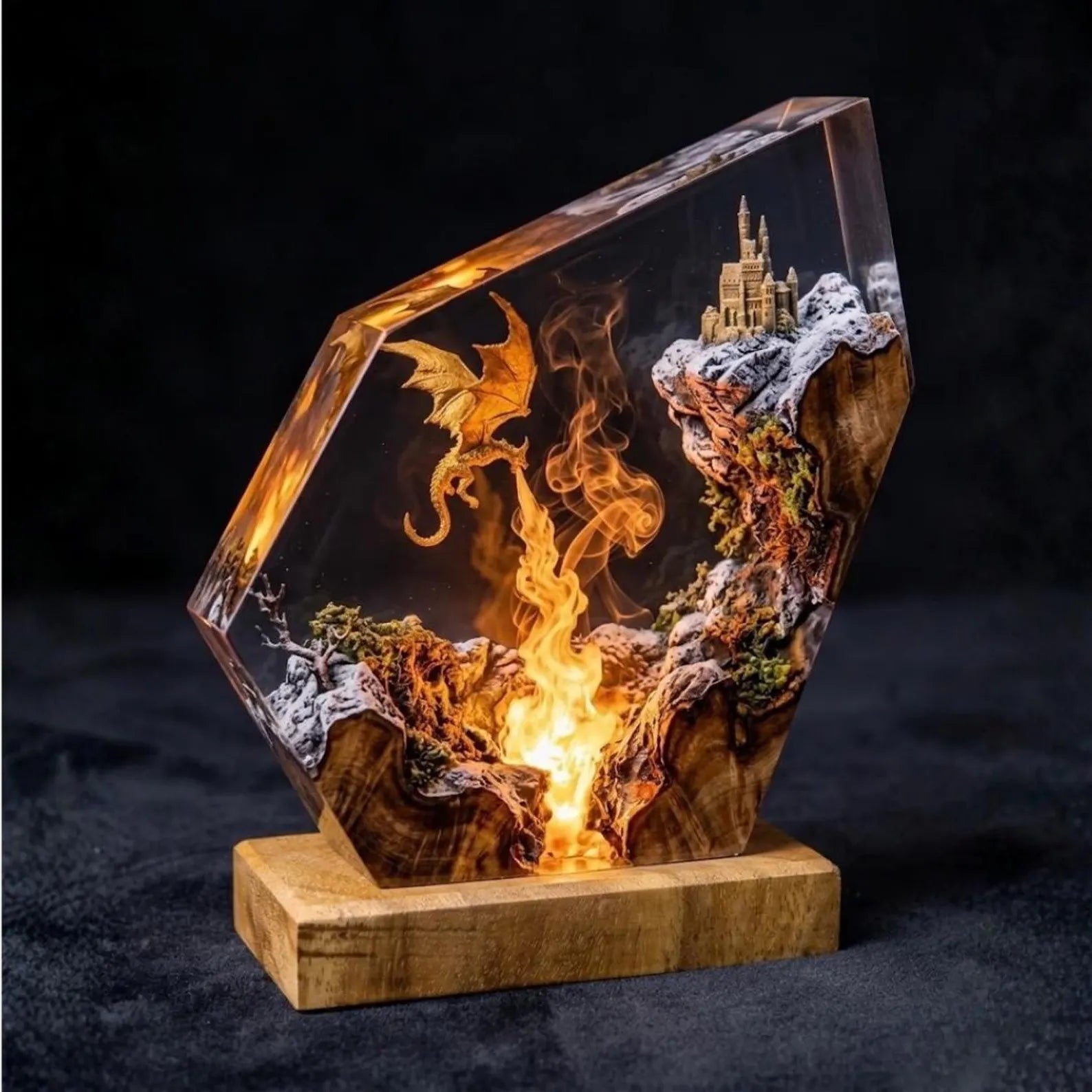 Handmade Dragon Resin Lamp, Fantasy Castle Diorama Night Light, LED Wood Base, Fire Dragon Resin Lamp, Handmade Fantasy Epoxy Night Light. ERNLVLA04