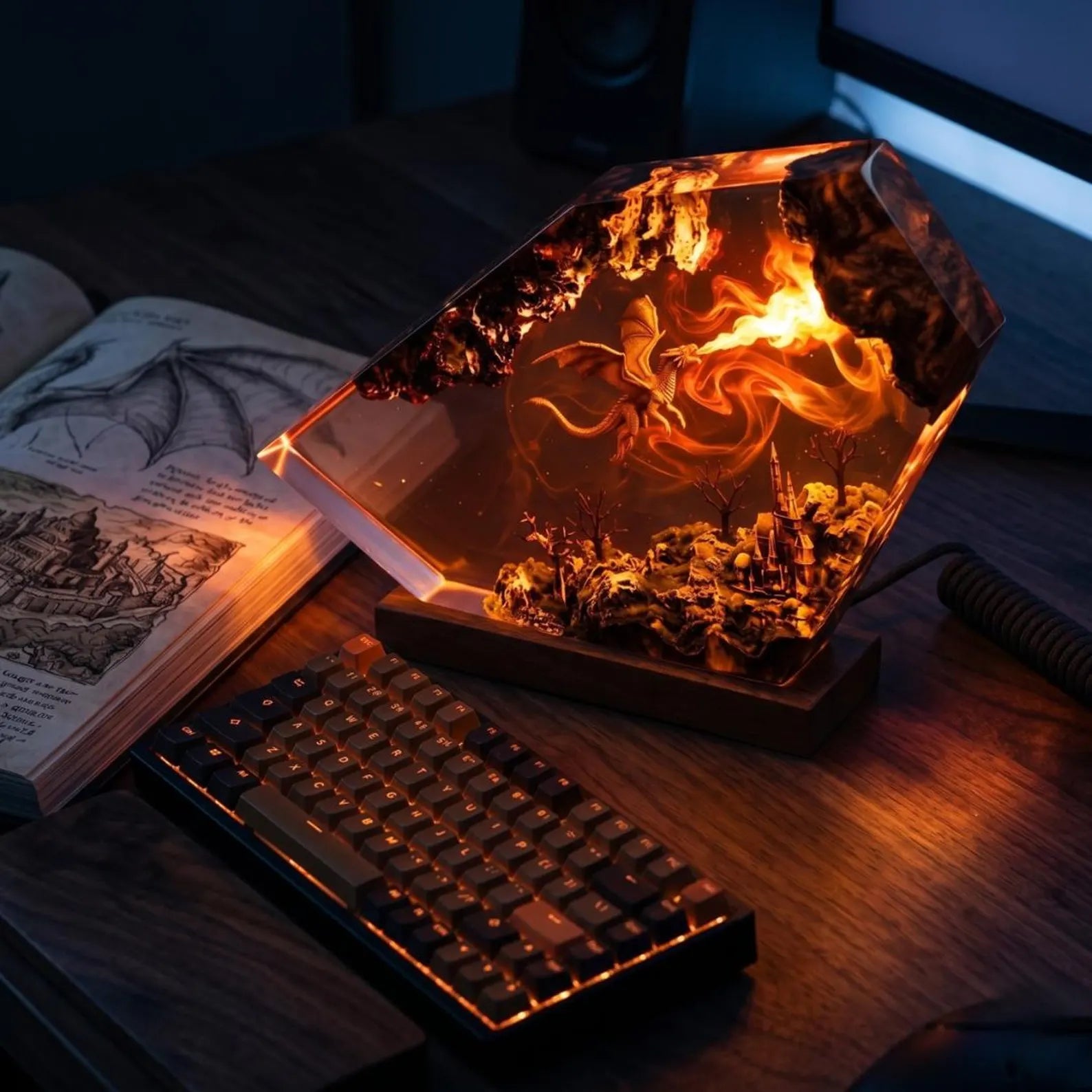 Fire Dragon Crystal Resin Lamp, Epic Fantasy Gemstone Night Light, Glowing Cave Diorama, Gamer Desk Setup Decor,Unique Birthday Gift for Him. ERNLVLA13