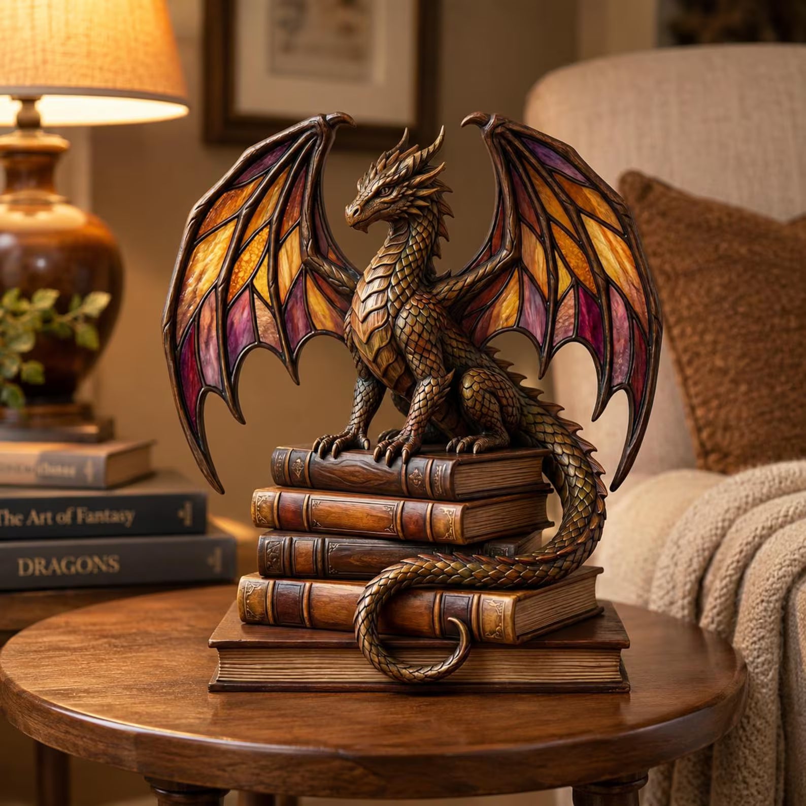 Dragon Book Stack Wooden Block Decor, Magical Library Accent, 2d flat print  – WBVLR07