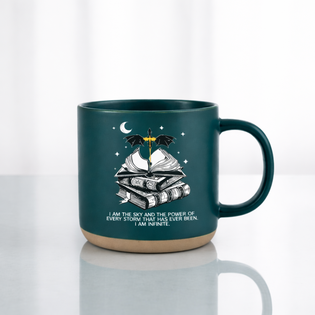 I Am Infinite Dragon Book Mug, Fourth Wing Inspired Fantasy Quote Ceramic Coffee Cup, Gift for Book Lovers, Dark Cozy Aesthetic