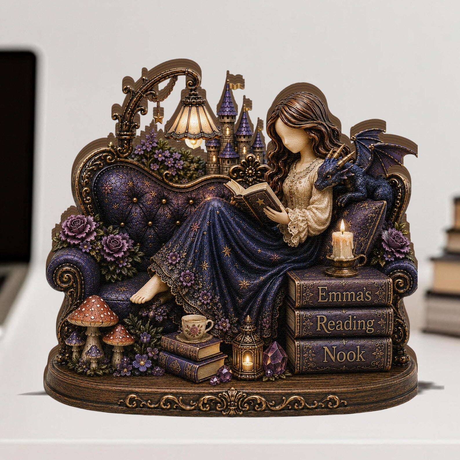 Personalized Dragon Reading Nook Girl Loves Book Lover Decor Fantasy Reader Gift Custom Bookish Shelf Sitter Gothic Cottagecore Gift for Her  – WBVLR06