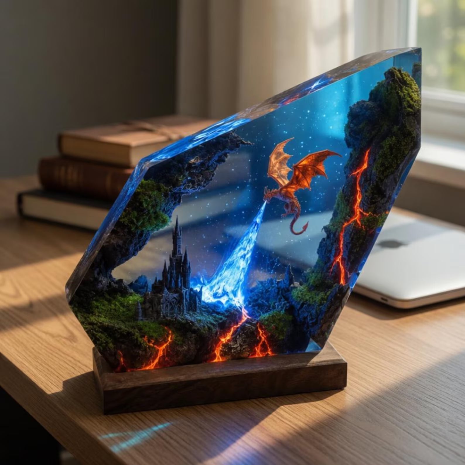 Dragon Resin Diorama Lamp, Fantasy Epoxy Night Light with Castle Scene, LED Wood Base, Unique Gift for Dragon Lovers, Gift For Him Dad. ERNLVLA10