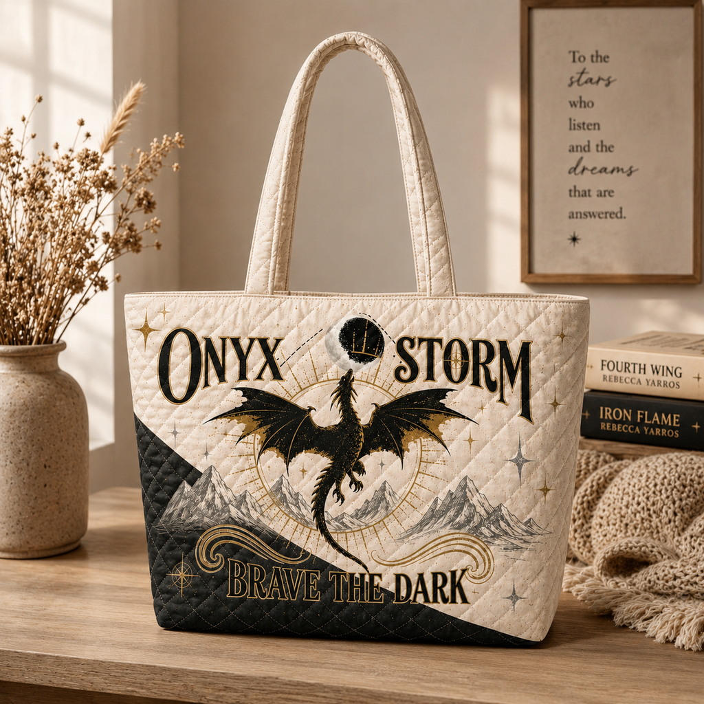 Onyx Storm Quilted Tote Bag, Fourth Wing Inspired Tote, Brave The Dark Bookish Gift, Dragon Fantasy Reader Bag QTBVLR2