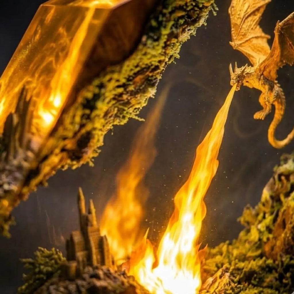 Fire Dragon Resin Lamp – Epoxy Wood Dragon Lamp | Handmade Fantasy Night Light | Dragon Figure Decor | Unique Gift for Gamers & Collectors. ERNLVLA03