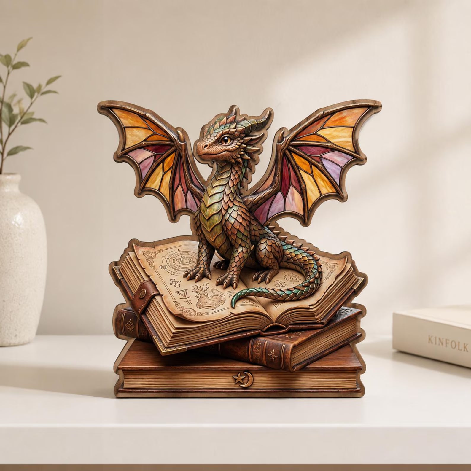Dragon Book Stack Wooden Block Decor, Magical Library Accent  – WBVLR08