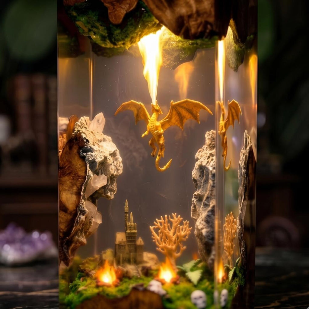 Golden Dragon Resin Lamp, Vertical Castle Diorama Night Light, Dark Fantasy Wood Epoxy Art, Gamer Desk Decor, Unique Gift for Him. ERNLVLA12